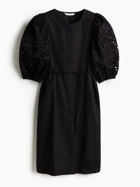 H&M  Black Dress Features Elbow-length Puff Sleeves W Eyelet Embroidery(SKU725)